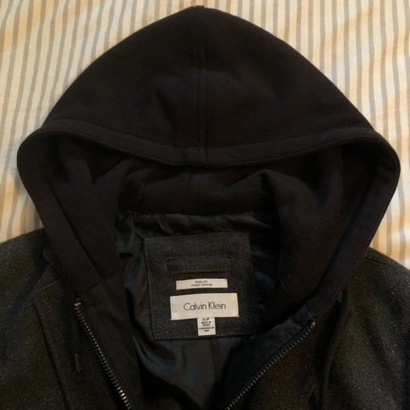 Calvin Klein Charcoal Wool Layered Hoodie Car Coat Overcoat Zip Closure - Picture 3 of 13